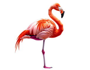 Vibrant flamingo standing on one leg against a black background