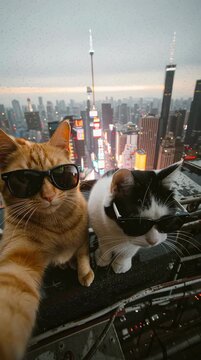 Cats enjoy a sunny day in the city while posing for selfies with stylish sunglasses on a high rooftop