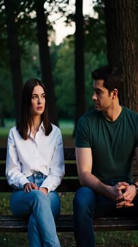Young woman and man sitting wooden bench park with serious thoughtful expressions during quiet outdoor moment surrounded by trees and soft evening