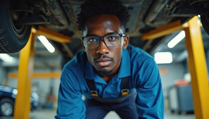 Young African American mechanic looks intently at car from below. He wears safety glasses and blue work overalls. Car repair garage, automotive service work.