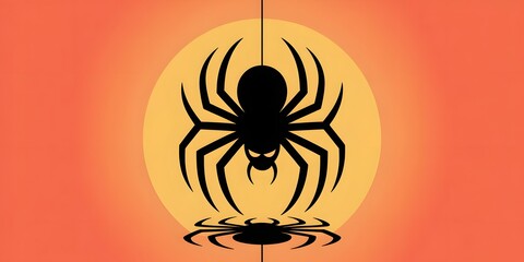 Spooky black spider silhouette hanging on a full yellow moon, vibrant orange gradient background, creepy Halloween design, festive night pattern, dark theme, graphic vector illustration.