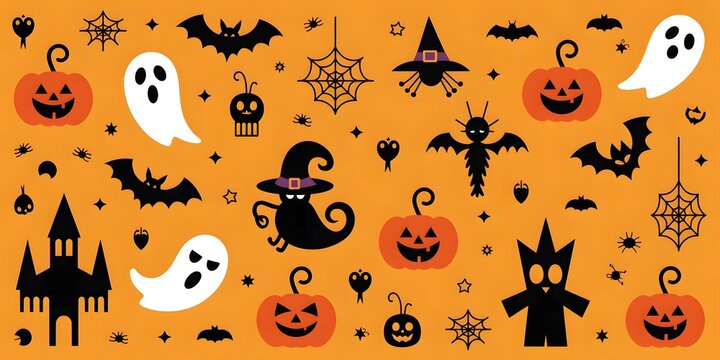 Spooky Halloween seamless pattern with cute pumpkins, flying bats, silly ghosts, and spiderwebs on an orange background, festive design, fun holiday background, autumn celebration
