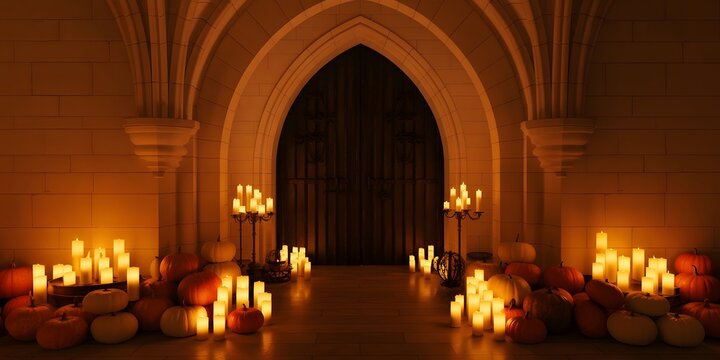 Spooky Halloween background with glowing pumpkins, numerous lit candles, gothic archway, dark ambiance, festive autumn decor, warm light, mysterious mood, holiday celebration, eerie scene, fall sea