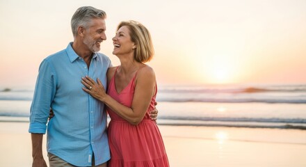 Happy senior couple walking and laughing together on the beach at sunset, golden hour lighting, candid moment, warm tones, lifestyle photography style