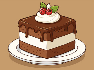 Chocolate Cake Vector Illustration – Sweet Dessert with Cream and Berries Flat Design