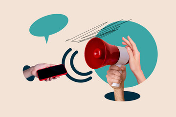 Colorful collage with red megaphone for sale announcement advertising and loud news promotional...