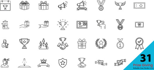 Collection of "Prize giving" line art icons representing various concepts and symbols