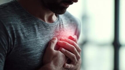 Man clutches chest in pain, red glow highlighting distress and potential health crisis, 4k high quality - Powered by Adobe