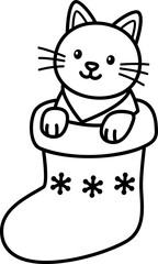 Outline vector of Christmas cat sitting in sock.
Holiday pet character line icon isolated.
Transparent background.SVG.