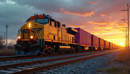 Fototapeta premium Yellow freight train pulls many magenta cargo containers on tracks. Locomotive travels on long railroad at vibrant sunset. Golden hour light illuminates industrial rail lines, power poles. Essential