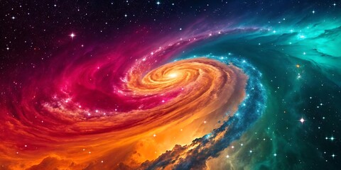 A swirling spiral galaxy in vibrant hues of red, orange, and blue, a dynamic and colorful representation of cosmic energy, digital art.