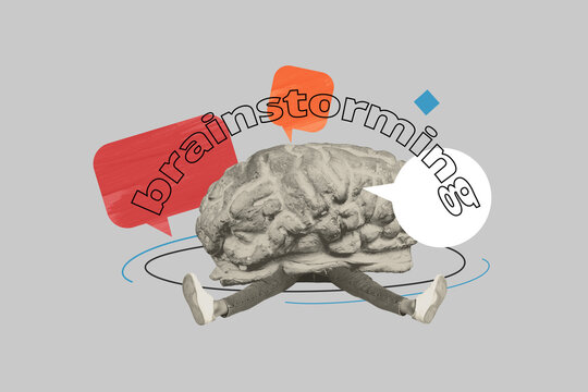 Creative 3D photo collage template of brain body legs sit down speech cloud think minded media network message icon brainstorming idea - Powered by Adobe