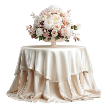 Cream satin cake table with floral centerpiece, isolated on transparent background