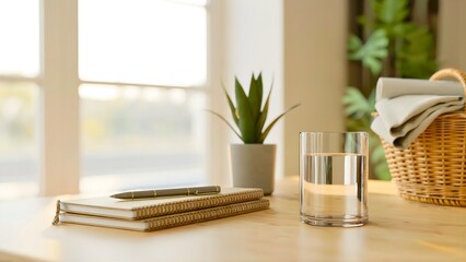 A serene desk setup with a notebook, glass of water and a potted plant in soft natural light from a window creating a peaceful workspace