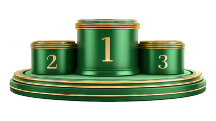 Elegant green and gold winner podium with three steps isolated on a transparent white background, clipping path