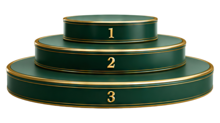 Elegant green and gold winner podium with three steps isolated on a transparent white background, clipping path
