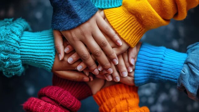 People joining hands in a colorful display of unity and friendship at a creative workshop in a vibrant studio