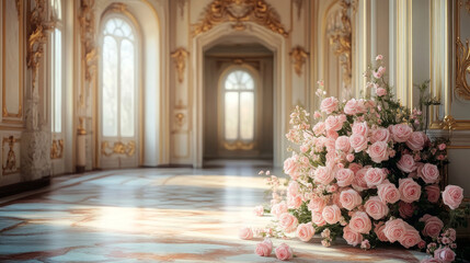 Luxury palace interior with elegant decor and pink roses
