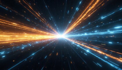 Naklejka premium Abstract visual effect bright orange, blue light trails moving at extreme speed toward central luminous point. Energetic graphic represents warp speed hyperspace travel in deep space, suggesting