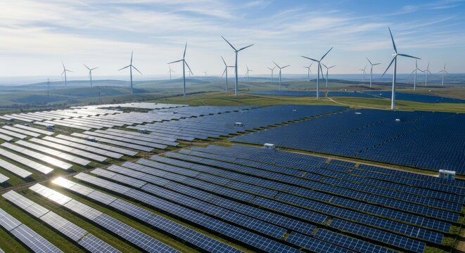 Aerial drone view of a large solar energy farm with wind turbines in the background, bright sunlight, clean energy landscape, eco-friendly technology, realistic detail