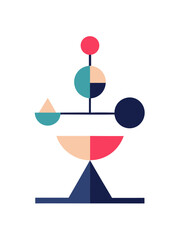 Abstract geometric mobile sculpture with balanced shapes and harmonious colors on a black background