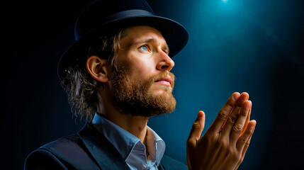 A man in a black hat and suit is looking upward with his hands clasped together