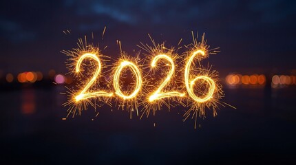 Bright golden sparkler light painting forming glowing number 2026 on dark night background, festive New Year celebration concept with fireworks bokeh and joyful holiday atmosphere