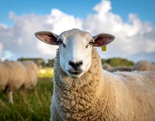 A close-up shot of a white sheep stares directly at the camera in a sunny field