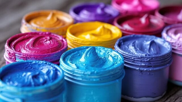 Vibrant paint colors arranged on a wooden surface for creative projects and artistic expression in a bright studio setting