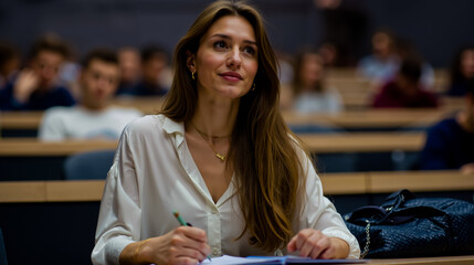 A woman in a white blouse is sitting at a desk writing with a pen and looking up at the camera