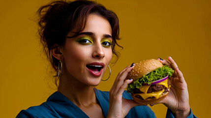 A woman with green eyes and yellow makeup is holding a large hamburger with a bite taken out of it