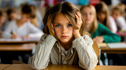 A young girl with blue eyes is resting her head on her hand in a classroom