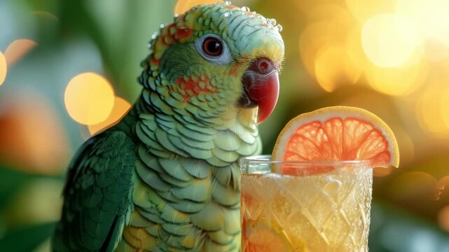Colorful parrot perched near refreshing drink with citrus slice in a vibrant setting