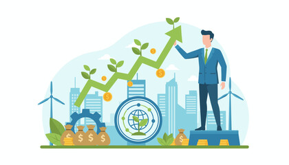 A businessman in a blue suit stands on a platform, holding a green upward-trending graph with growing plants, symbolizing financial growth and sustainable development, surrounded by wind turbines