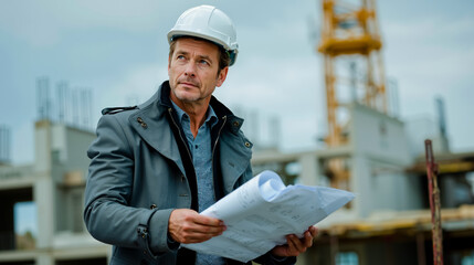 A man in a hard hat and jacket is holding blueprints and looking up at a construction site