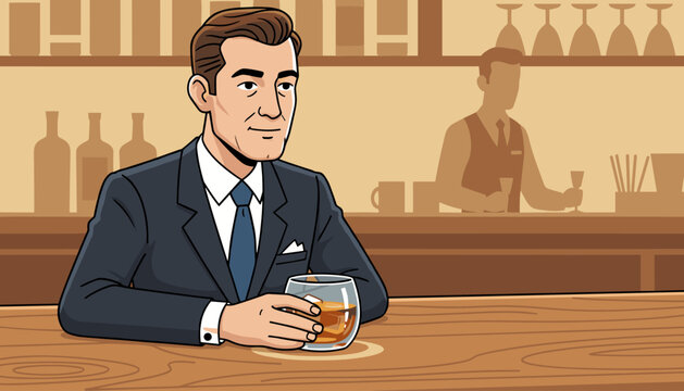 Sophisticated businessman in a dark suit and tie sits at a polished wooden bar, holding a glass of amber whiskey with ice, contemplating in a dimly lit establishment with a bartender silhouette in
