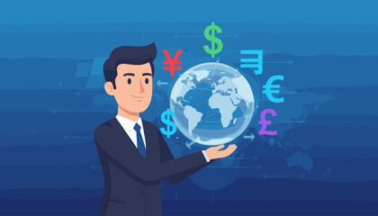 Global currency exchange concept, businessman holding a glowing earth globe with various currency symbols like dollar, euro, yen, and pound floating around, representing international finance and