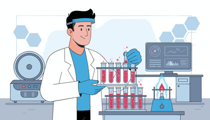 A smiling scientist in a lab coat and face shield holds a rack of test tubes filled with red liquid, surrounded by scientific equipment including a centrifuge, a Bunsen burner, and a computer