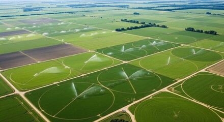 Aerial view of a large agricultural area with center pivot irrigation systems watering green crops in a grid pattern.