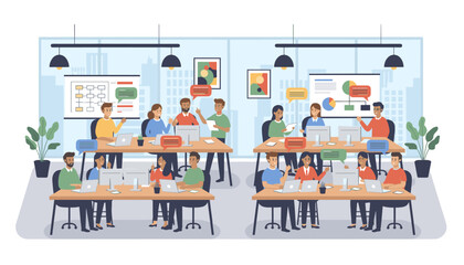 Diverse group of professionals collaborating in a modern, bright open-plan office space, working on laptops at shared desks, with charts and flow diagrams displayed on screens, symbolizing teamwork