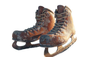 Vintage ice skates made of weathered leather with frayed laces symbolizing endurance and history isolated on transparent background PNG