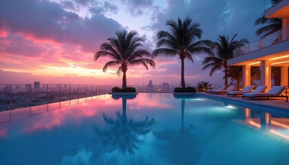 Fototapeta premium Rooftop infinity pool features palm trees under stunning sunset. Vibrant sky reflects in calm water. City skyline visible in distance. Lounge chairs line modern luxury resort deck. Evening resort