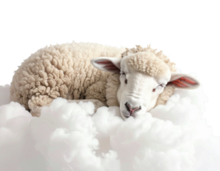 Fluffy lamb rests peacefully on a bed of soft white clouds