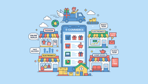 Vibrant flat-style vector illustration depicting a dynamic e-commerce ecosystem with various shops like fashion, electronics, and home goods, all accessible via a smartphone, symbolizing online