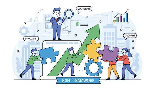 Vivid vector illustration depicting joint teamwork in a company, with people assembling puzzle pieces to symbolize collaboration, innovation, and growth, set against a backdrop of city buildings and