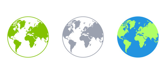 World Map Globe Icons Green Gray Blue Tone Simple Vector Set for Global Travel Eco Design
