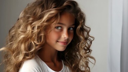 Captivating portrait of a young girl with beautiful curly hair in a soft-lit indoor setting