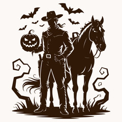 Spooky Cowboy with Horse and Pumpkin on Halloween Night