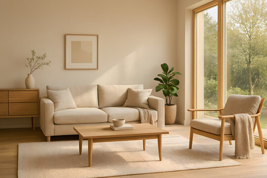 Salon moderne minimaliste avec canap&eacute; beige, bois clair et grande fen&ecirc;tre sur jardin