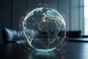 Holographic digital globe showcasing worldwide data connections and network infrastructure.